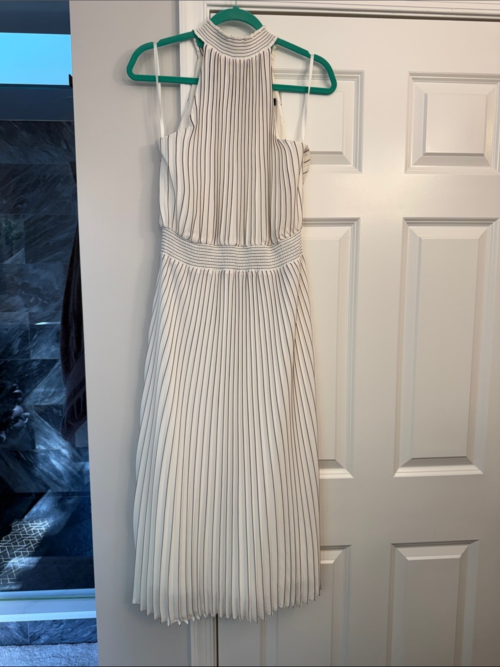 White House Black Market White Midi Dress with Black Pinstripes